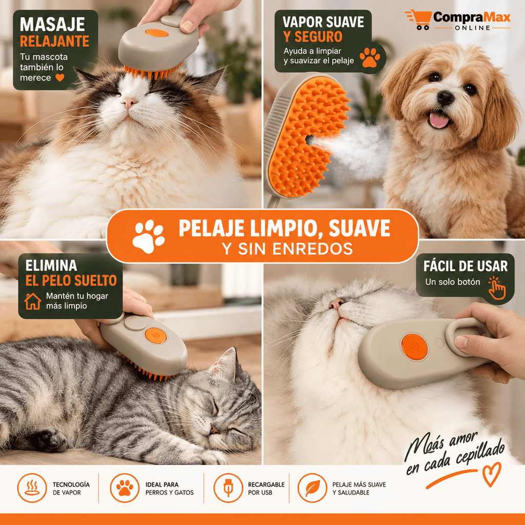 Cepillo a Vapor 3 en 1 para Perros y Gatos