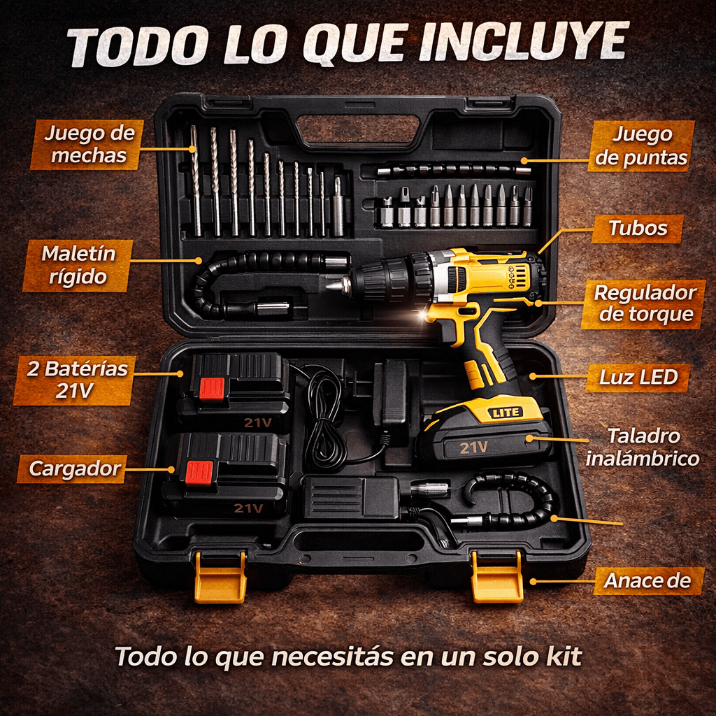 Taladro Inalámbrico 21V – Kit Completo con 2 Baterías + Maletín
